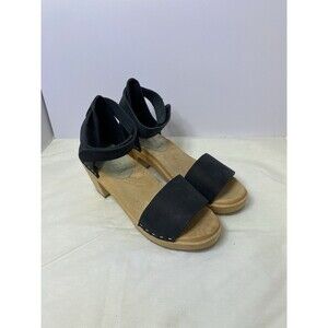 Nina Z Oath Clog Sandal Wood Heel Black Leather Straps 37 US 6